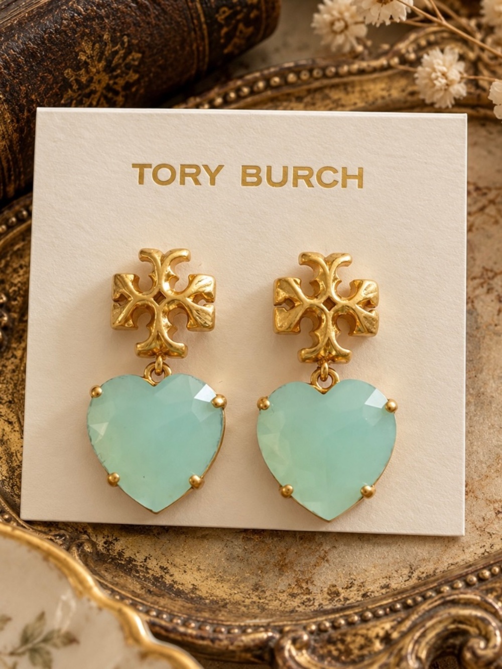 TORY BURCH • Vintage Gold Roxanne Logo Aqua Green Heart Drop Earrings